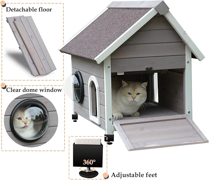 Rockever Outdoor Cat House, Waterproof Feral Cat House for Outdoor Cats with Escape Door and Clear Windows for 2 Cats (Grey)