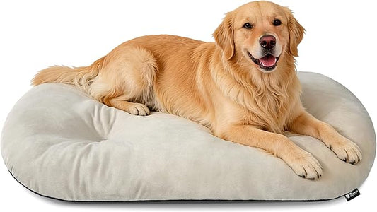 Washable Large Dog Bed for Medium & Large Breeds, Non-Slip Bottom & Plush Faux Silver Fox Fur Oval Cushion Pad for Big Dogs, Soft Mat for Crates, Beige, 41x27 Inch
