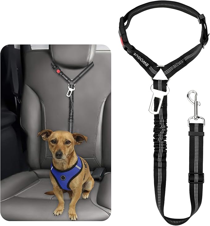 BWOGUE Pet Dog Cat Seat Belt Reflective Car Dog Headrest Restraint Leash Elastic Buffer Bungee Adjustable Tangle-Free Safety Leads Vehicle Seatbelt Harness for Small, Medium and Large Dogs (1 Pack)