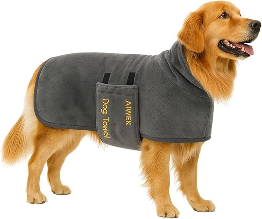 Dog Towel Dog Bathrobe, Microfiber Super Absorbent Pet, Quick Drying Robe for After Bath, Adjustable Collar & Belly Strap Pet Cat Bath Robe Towel Grey-XL