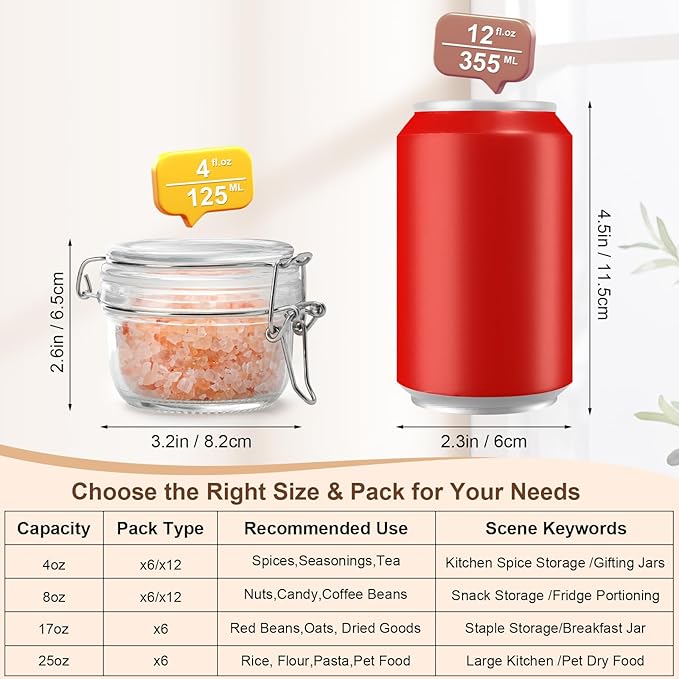 6 Pack Spice Jars, 4 oz Glass Containers with Airtight Lids, Small Herb Jars with Labels for Kitchen Storage