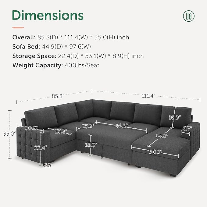 HONBAY Sectional Sleeper Sofa with Pull-Out Bed Storage Chaise,Modular Couch for Living Room, Middle Grey