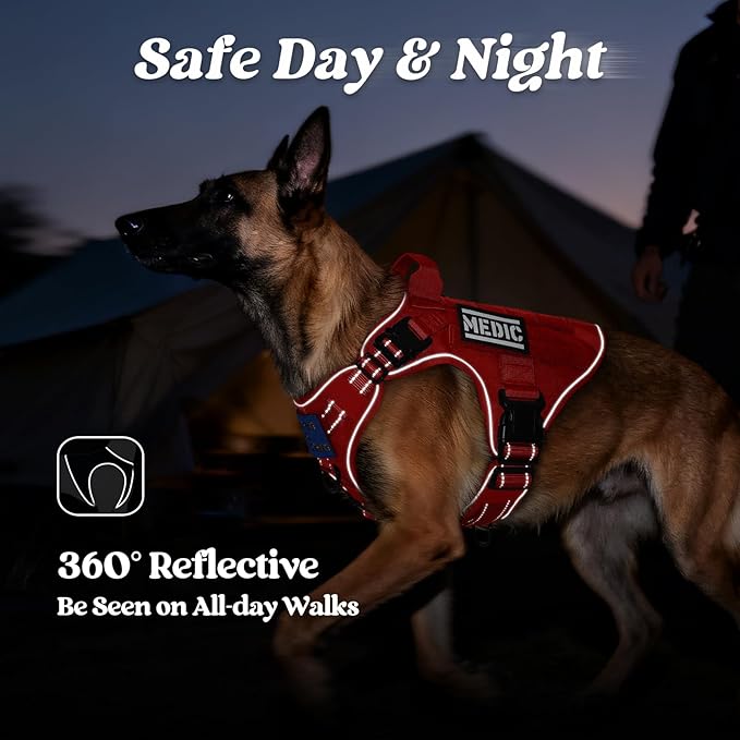 rabbitgoo Tactical Dog Harness Medium Large Sized, No Pull Upgraded Reflective Heavy Duty Molle Vest with Handle, Adjustable Military Service Dog Vest for Walking Hiking Training, Red, M