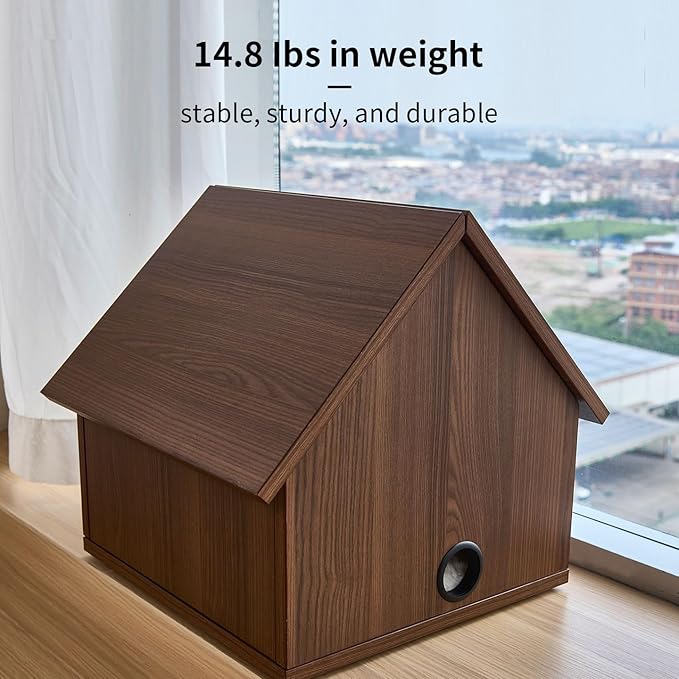 Cat House for Indoor Cats - Modern Wooden Covered Cat Cave Bed, Sturdy & Durable Cat Hideaway Hanging Ball Toy & Warm Plush Mat Included, Easy Assembly – Follow Video or Instruction Manual.