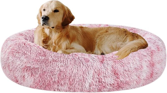 Coohom Oval Calming Donut Cuddler Dog Bed,Shag Faux Fur Cat Bed Washable Round Pillow Pet Bed(30"/36"/43") for Small Medium Dogs (XXL(43"x34"x8"), Red)