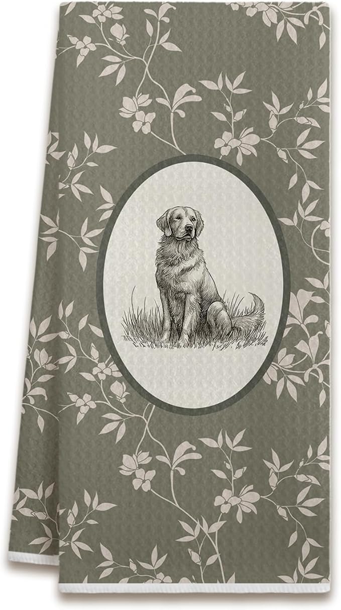 Vintage Floral Hand Towels for Bathroom - Golden Retriever Kitchen Hand Towels Decorative, Dog Themed Bathroom Decor, Golden Retriever Gifts for Women, Housewarming Gifts New Home Idea