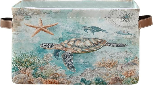Sea Turtle Storage Basket Fabric Storage Bin Nautical theme Baskets Coastal Starfish Foldable Storage Boxes Organizer Bag for Baby Cloth Dog Toy Book Storage Cubes Shelf Closet Basket 16×12×8 Inches