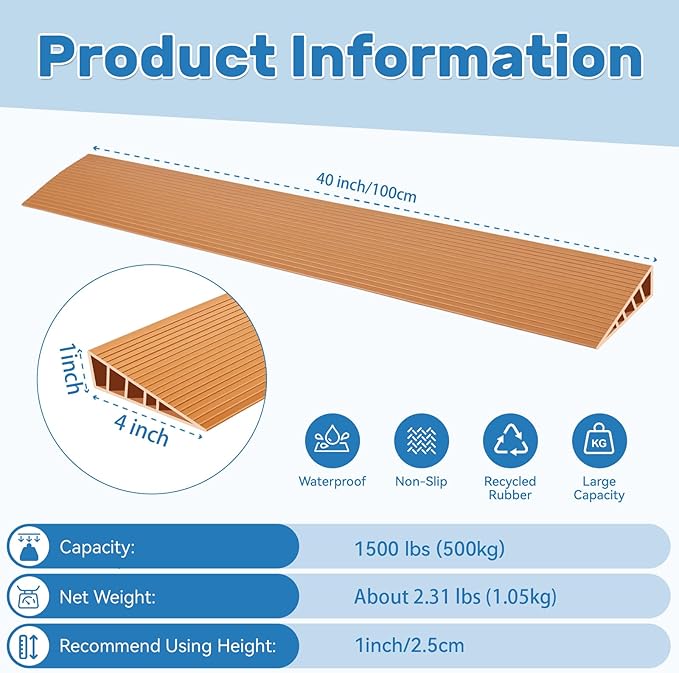 Threshold Ramps for Doorways 1" Rise Floor Transition Strip Self-Adhesive 40'' L Ramps for Wheelchairs for Home, Edge Door Threshold for Home Steps (Brown)