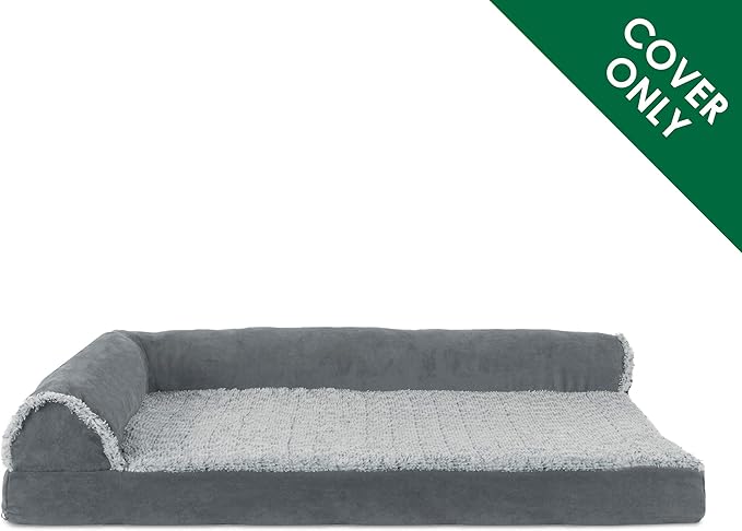 Furhaven Replacement Dog Bed Cover Two-Tone Faux Fur & Suede L Shaped Chaise, Machine Washable - Stone Gray, Jumbo Plus (XX-Large)