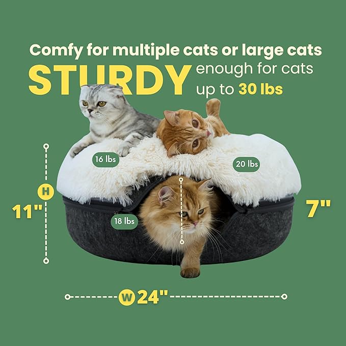 CATTASAURUS Peekaboo Cat Cave for Multiple & Large Cats Up to 30-45 Lbs, Fluffy Cat Beds for Indoor Cats, Scratch Detachable & Washable Tunnel Bed, Comfy Donut Cave (Dark Gray, Large (Calming))