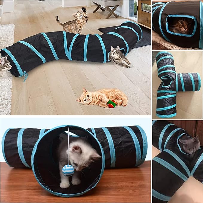 Cat Tunnel Tube, Long Collapsible Tunnels Indoor with Peek Hole, 2pack S-Shaped & 3Way Tubes Maze Play Toy Black for Cat Kitten Kitty Rabbit