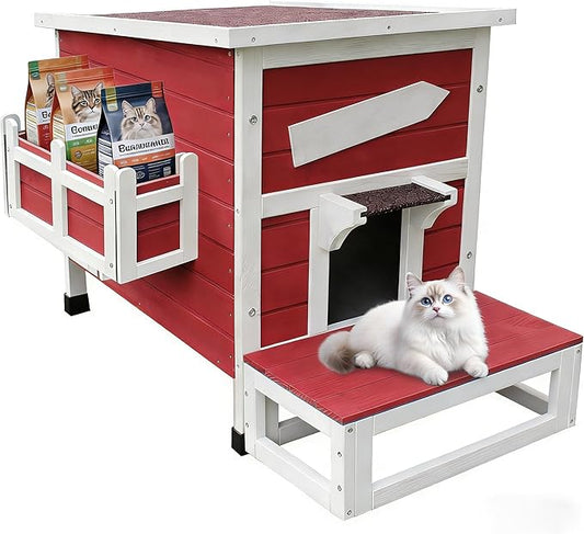 Rockever Outdoor Cat House, Large Outdoor Houses for Feral Cats Wooden Outside Cat Shelter Weatherproof with Escape Door-Red