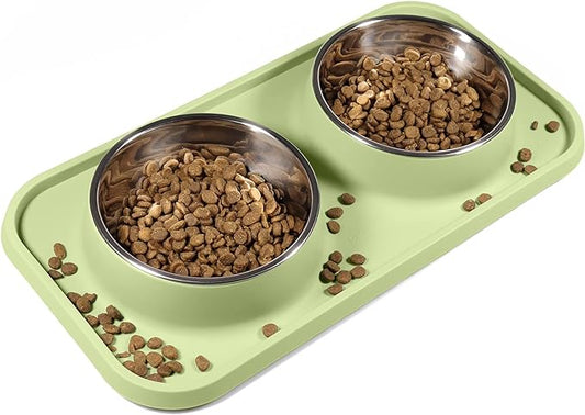 Cat Food Bowls, Cat Bowls Non-Skid and Non-Spill Silicone Pads with PP Stand, Removable Stainless Steel Food and Water Dishes for Cats, Small Size Dogs
