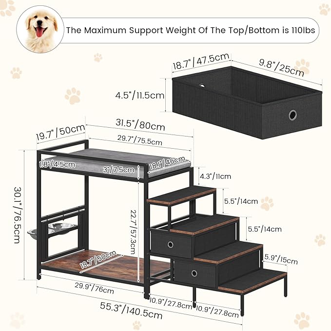 Pet Window Perch with 360° & Adjustable Raised Feeder, Pet Bunk Bed with Stairs and Storage, Dog Beds Attachment to Human Bed, Bedside Dogs Cot for Small, Medium Cats & Dogs