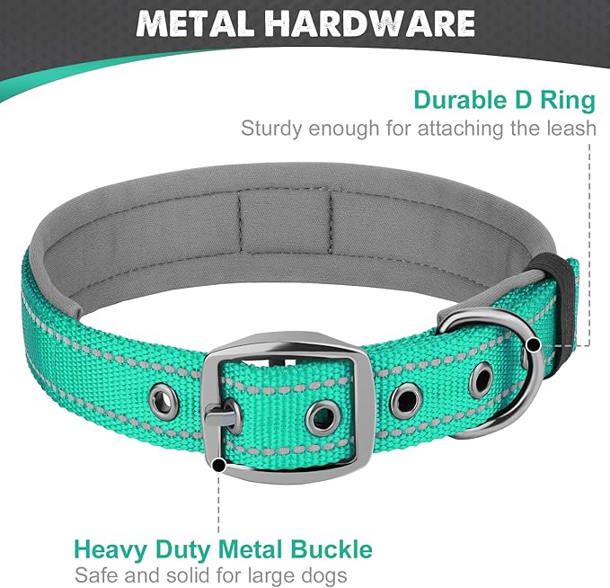 Joytale Dog Collar for Medium Dogs, Neoprene Padded and Adjustable, Reflective Wide Heavy Duty Pet Collars with Durable Metal Belt Buckle for Walking, Teal, M