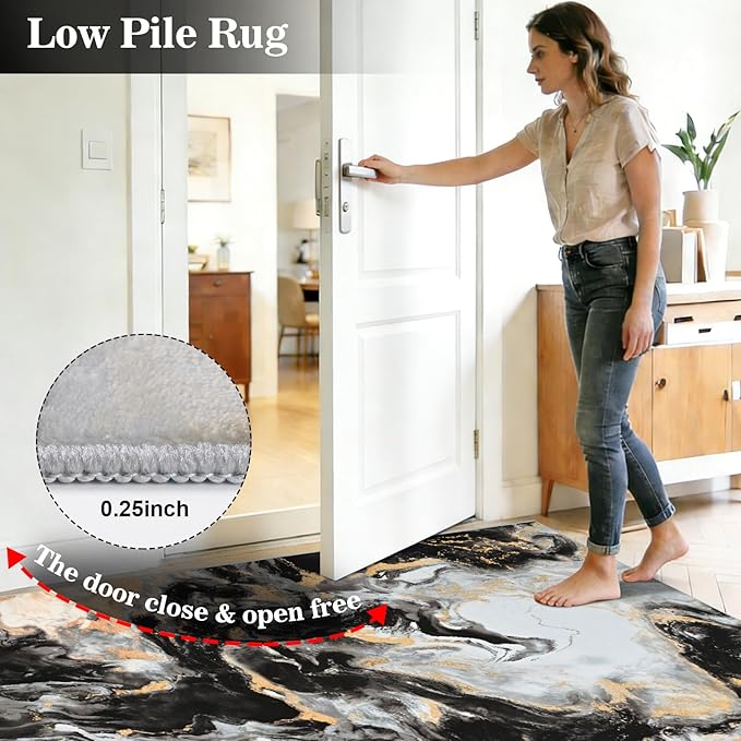 Yinhua Washable Rug 5x7, Marble Black and Gold Rugs Non Slip, Abstract Area Rugs Low Pile, Soft Faux Wool Modern Throw Rug Pet Friendly, Contemporary Floor Carpet for Living Room Bedroom Kitchen
