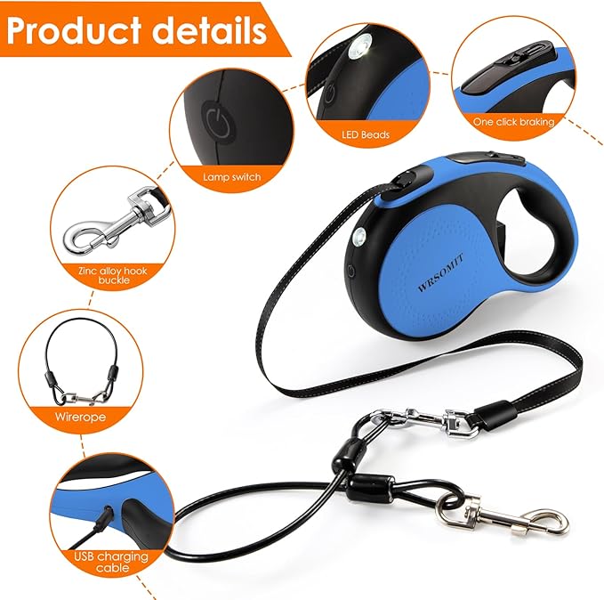 Retractable Dog Leash with Chew Proof Cable and LED Flashlight, 16Ft Heavy Duty Dog Leash for Medium Large Dogs up to 110lbs, 360째 No Tangle (Blue+16ft+LED)