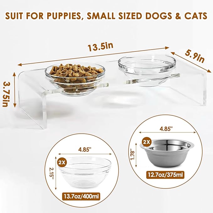 Elevated Acrylic Pet Bowl Stand – Raised Cat & Dog Bowls with 2 Glass & 2 Stainless Steel Bowls, Modern Clear Design, Non-Slip, Easy to Clean, Perfect for Small Pets, 3.75" Tall