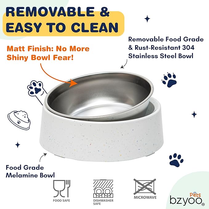 bzyoo 32oz 4CUP Elevated Dog & Cat Bowl, Sprinkle Design, Slanted Stainless Steel Pet Bowl with Removable Inner Bowl, Non-Slip Silicone Base, Dishwasher Safe, for Dry/Wet/Raw Food & Water White