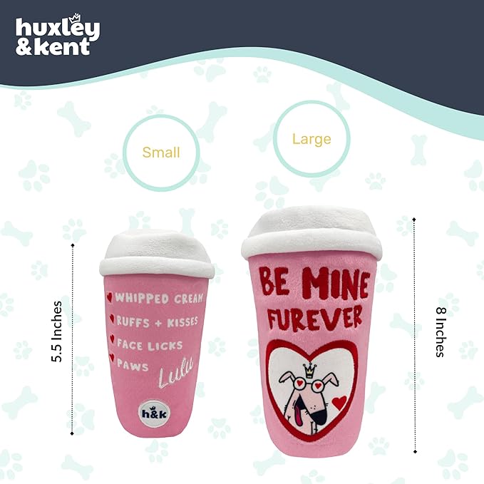 Huxley & Kent Funny Dog Toy w/Squeaker – Valentine's Day Power Plush Squeaky Dog Toys for Small, Medium & Large Dogs – Soft Stuffed Animal for Indoor Play & Fetch - Be Mine Furever Latte, Small