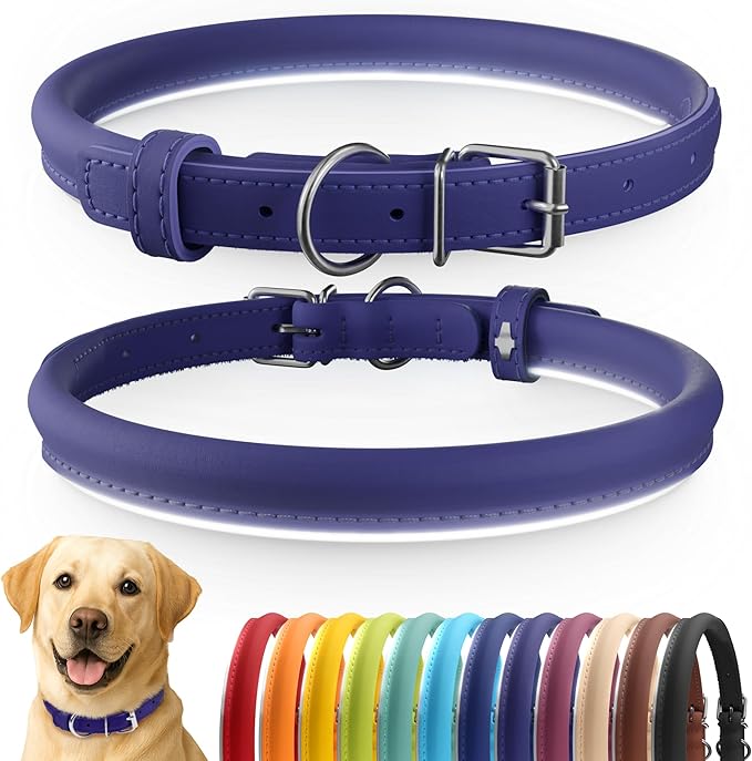 CollarDirect Rolled Leather Dog Collar, Soft Padded Round Puppy Collar, Handmade Genuine Leather Collar Dog Small Large Cat Collars 13 Colors (15-19 Inch, Purple Smooth)