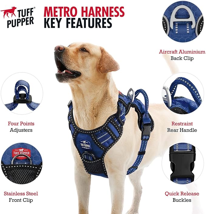 Tuff Pupper No Pull Easy Walk Dog Harness | Heavy Duty Pet Vest | Front & Back Leash Clips | Strong Safety Handle | Reflective Anti Pull Vest | Comfortable Padded Escape Proof Harness (Medium, Blue)