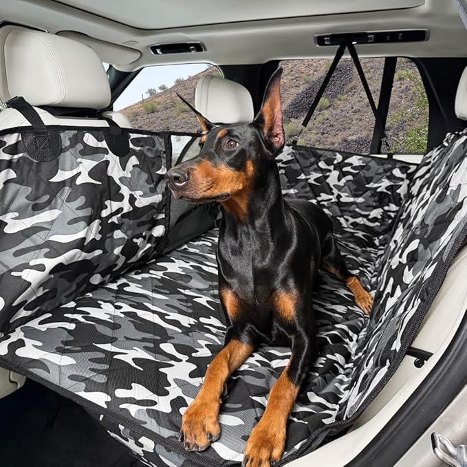 4Knines Hard Bottom Back Seat Extender for Dogs – Waterproof Dog Car Seat Cover – Heavy Duty Backseat Protector for Cars, SUVs, Trucks – Built-in EZ Open Door Protector (Camo, Regular)