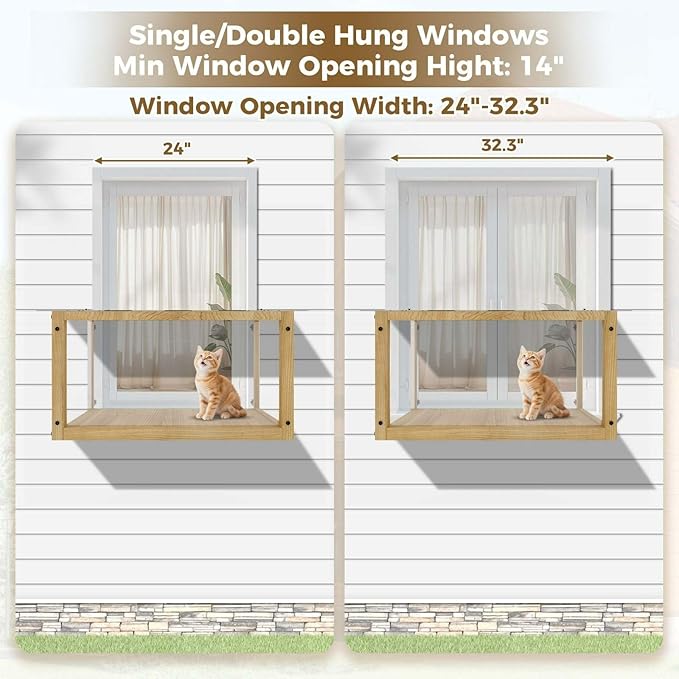 Cat Window Perch Outdoor Enclosure, Wooden Catio Weatherproof Window Box with Clear Acrylic Panels, 360° View Sunbathing Ledge for Indoor Cats