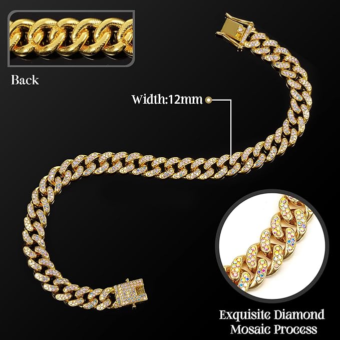 LEIFIDE Dog Chain Collar Diamond Link Puppy Collar 12 mm Wide Dog Necklace Metal Cat Chain Pet Crystal Necklace Jewelry Accessories for Small Medium Large Pet(16 Inch,Gold, AB Color)