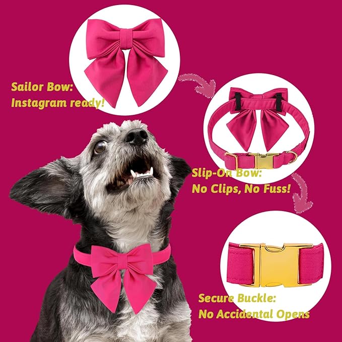 Maca Bates Hot Pink Dog Collar with Cute Rose Red Solid Sailor Bow Tie,Extra Small Girl Boy Dogs,Girly Adjustbale Durable Breakaway Soft Collars with Bowtie for Female Male Puppy,Pet with Metal Buckle