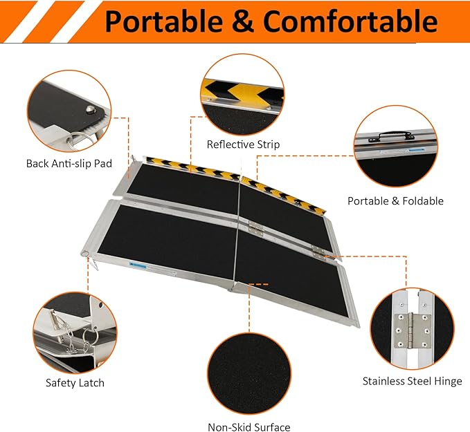 Portable Wheelchair Ramp 4FT, 48" L x 29" W Non-Skid Aluminum Foldable Handicap Ramps for Steps, 800lbs Capacity Threshold Ramps, Lightweight with Handle, for Home,Stairs,Doorways,Curbs (4FT)
