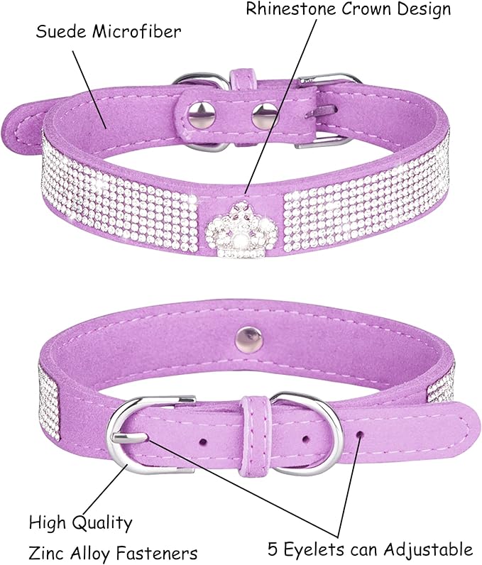 Bling Dog Collar for Small Medium Large Dogs, Crown Rhinestone Dog Collars for Girl and boy Dog, Diamond Puppy Collars, Adjustable Leather Suede SOFE Cat Collar (S(10.6"-13"/27CM-33CM), Purple)