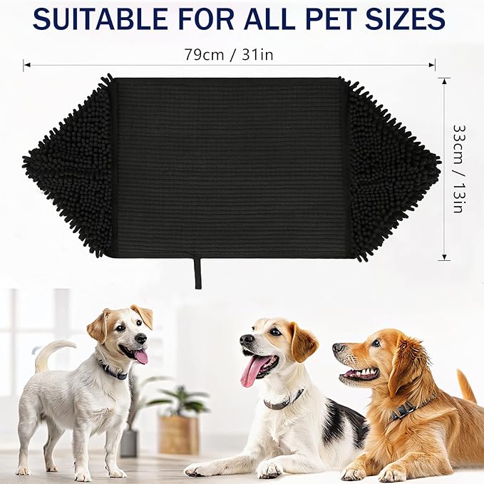 OLANLY Chenille Dog Bath Towel 31x13, Ultra Absorbent Quick Dry Pet Towel, Extra Soft Washable Plush Towel for Large Dogs & Puppies, Indoor Outdoor Use, Black