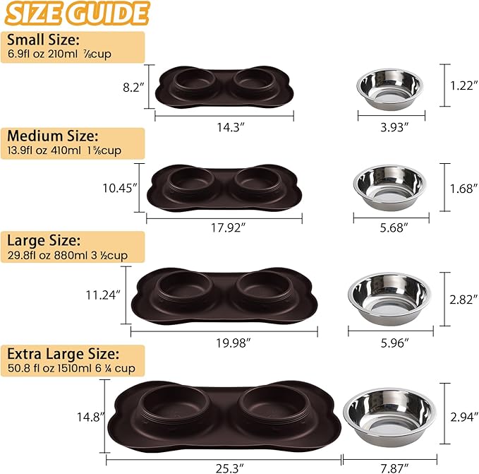 Hubulk Pet Dog Bowls 2 Stainless Steel Dog Bowl with No Spill Non-Skid Silicone Mat + Pet Food Scoop Water and Food Feeder Bowls for Feeding Small Medium Large Dogs Cats Puppies (Medium, Chocolate)