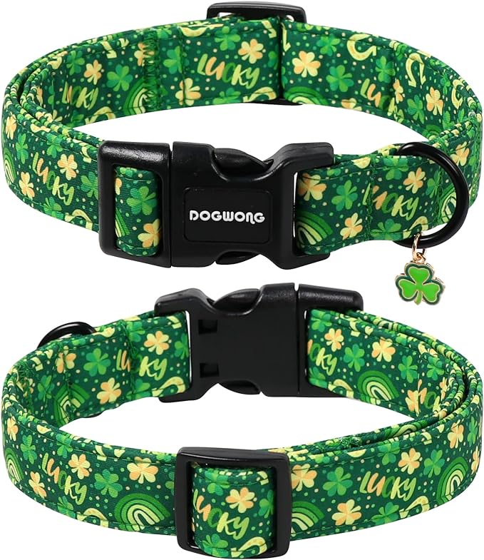 DOGWONG St Patrick's Dog Collar, Green Clover Pet Collar Cotton Shamrock Pet Collar Cute Puppy Collar Adjustable Pet Dog Collars for Small Dogs