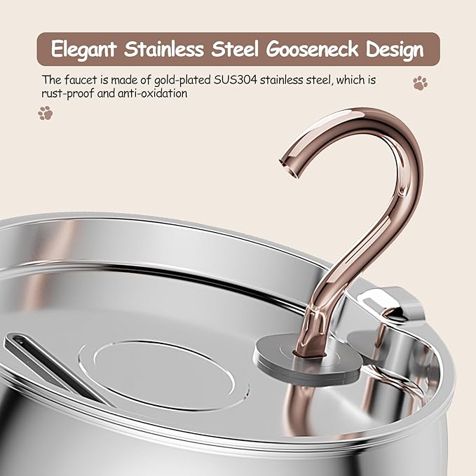 Cat Water Fountain Stainless Steel -2.5L/84oz Gooseneck Kitty Cat Fountain for Drinking Spout - Pet Water Fountain for Cats Inside - Quiet Automatic Cats Water Bowl Dispenser - for Pets& Small Dog