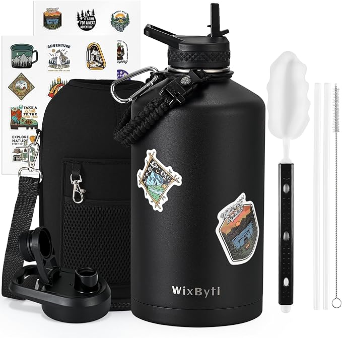 One Gallon Water Bottle Insulated, Triple Wall Vacuum Cold for 48 Hrs & Leak-proof & Non-BPA, 128oz Large Sports Stainless Steel Water Jug with Paracord Handle Straw Spout Lids & DIY Stickers