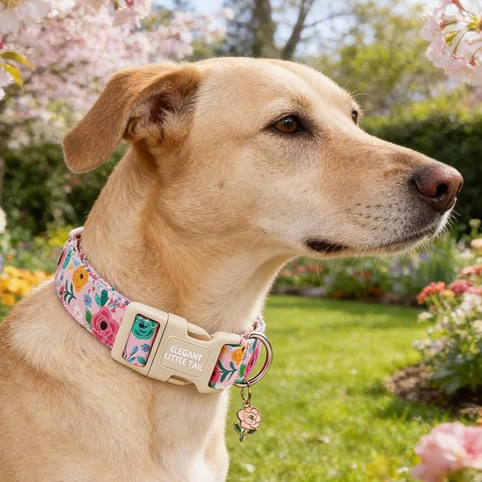 Elegant little tail Dog Collar, Pink Flower Print Spring Soft Cotton Puppy Collars Adorable Female Pet Gift Lightweight Plastic Adjustable Dog Collar for Small Dogs