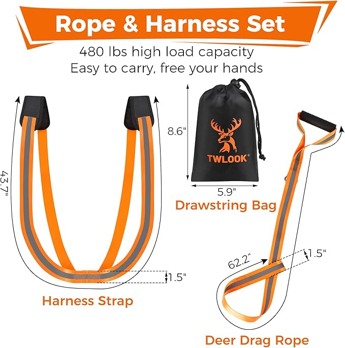 Deer Drag Harness & Rope – Heavy Duty 480lbs Capacity, Reflective Orange Hunting Gear with Comfortable Shoulder Strap, Soft Handle – Essential for Dragging Deer, Elk, Boar – Gift for Hunters