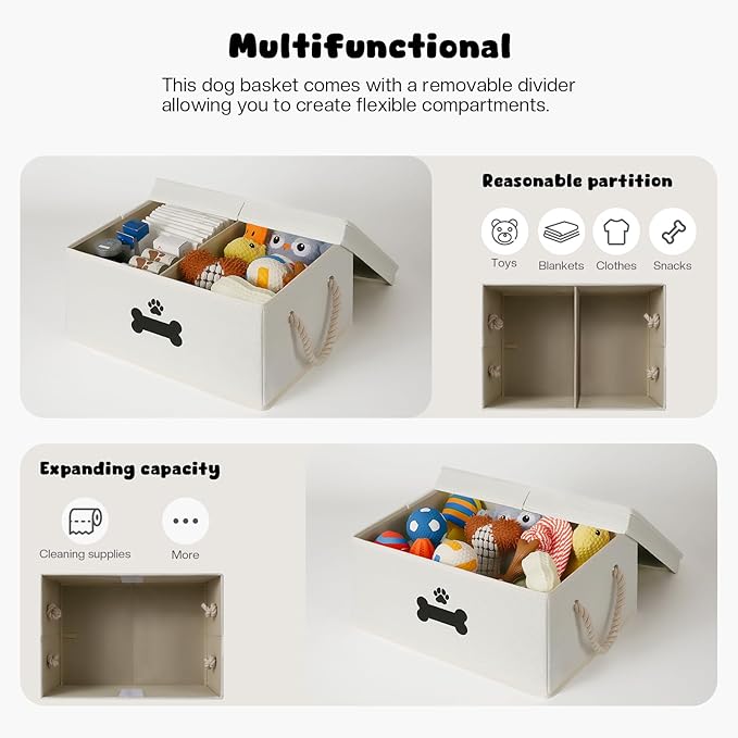 Dog Toy Basket with Double-Open Lid, Divided Dogs Basket for Toys, Collapsible Pet Toy Box, Dog Storage Organizer with 2 Divided Area, Puppy Toys Baskets with Rope Handles, Beige
