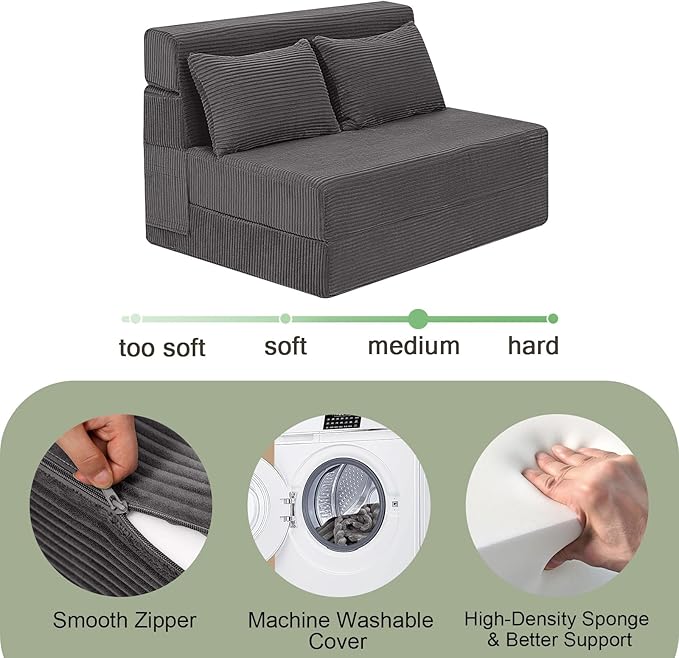 MeMoreCool Boneless Folding Sofa Bed – Corduroy 4-in-1 Convertible Futon Chair, Compact Floor Sleeper with Foam & Washable Cover, 1200 lb Capacity Couch Bed for Small Rooms, Dorms, Apartments