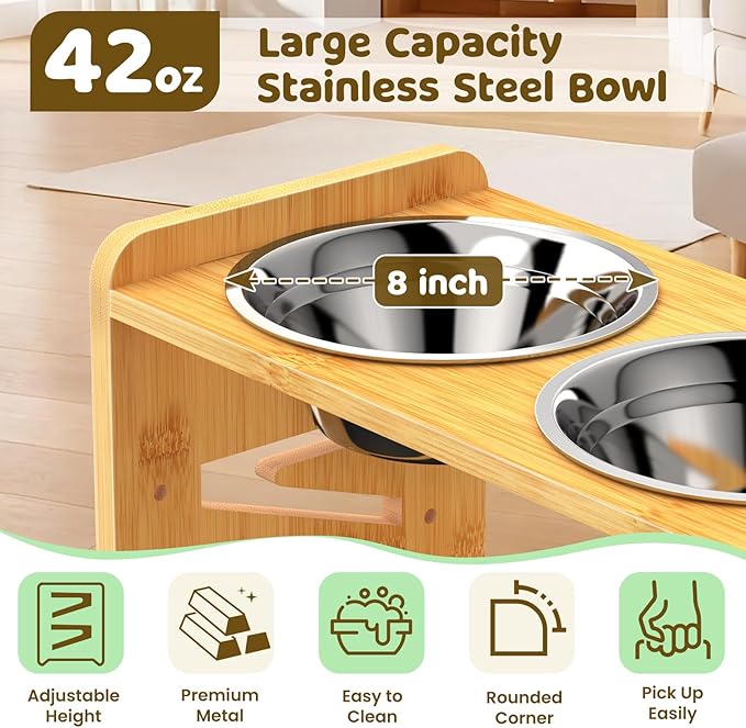 Elevated Dog Bowls, 4 Height Adjustable Raised Dog Bowl Stand with 2 Stainless Steel Bowls for Large, Medium and Small Dogs and Cats, 11" High Bamboo Pet Food Feeder