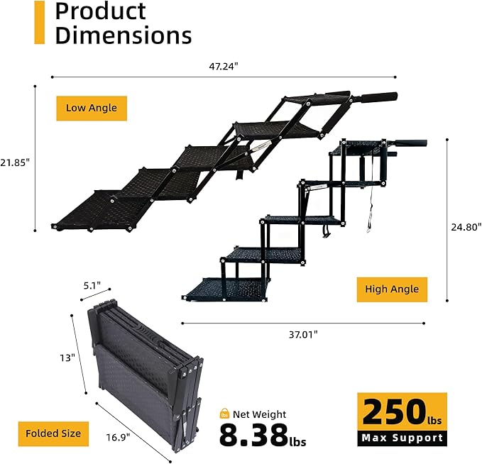 Dog Stairs 5 Steps Foldable Dog Ramp with Non-Slip Surface, Portable Dog Steps for Cars,SUV and Truck, Supports up to 250 lbs