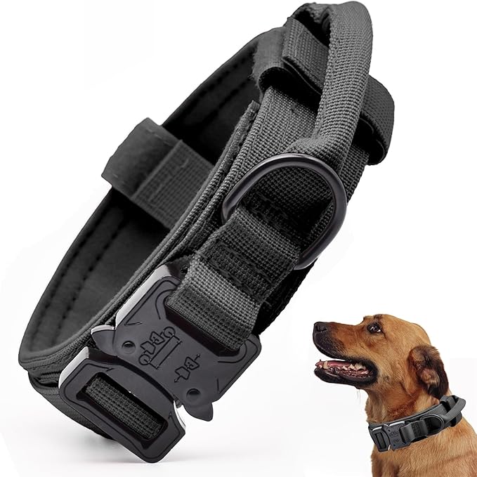 Tactical Dog Collar, Adjustable Military Training Nylon Dog Collar with Control Handle and Heavy Quick-Release Metal Buckle for Small Medium Large Dogs, Black L