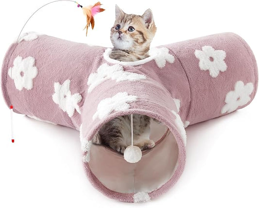 Tempcore Flannel Pet Cat Tunnel Tube Cat Toys 3 Way Collapsible, Cat Tunnels for Indoor Cats, Kitty Tunnel Bored Pet Toys Peek Hole Toy Ball Puppy, Kitty, Kitten, Rabbit Daisy Burlwood