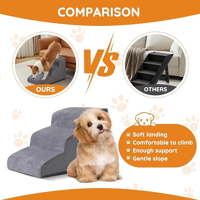 Pet Stairs, Dog Stairs for Small Dogs, Dogs Steps, 3-Step Curved Dog Ramp for Bed, Couch, Sofa, Car and Chairs, Non-Slip Bottom Design, Cat Scratching Board, High Density Foam Portable Pet Step, Grey