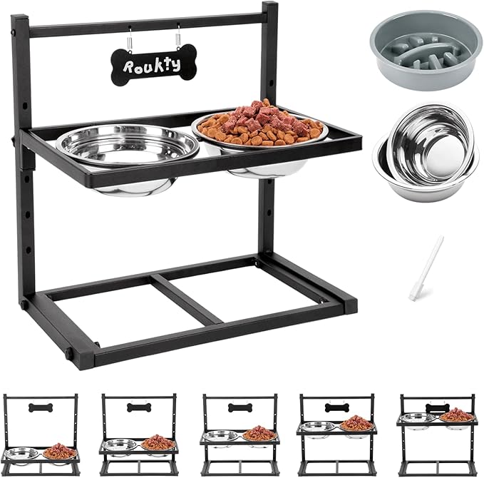 Elevated Dog Bowls with Slow Feeder Dog Bowls, 5 Height Adjustable Raised Bowl Stand with 2 Stainless Steel Food & Water Container, Pet Bowl Elevated for Medium Large Pet