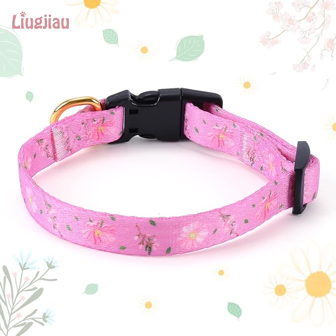 Cotton Handmade Dog Collar for Small Medium Large Dogs,Pink Flowers with Pendant Cute Dog Collars (Large)