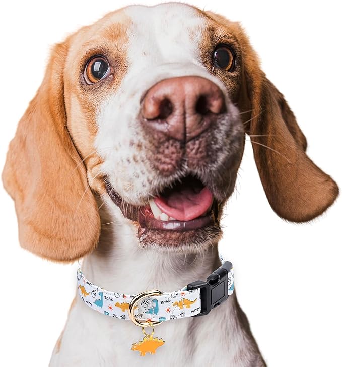 Cotton Dog Collar,Adjustable Cute Puppy Collar with Moon Patterned Design for Small Medium Large Dogs,Soft and Fancy Pet Collar with Safety Buckle for Girl Boy Dogs (Yellow Dinosaur, L)