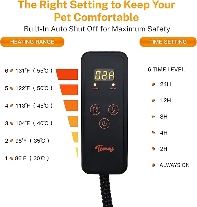 Toozey Large Heated Pet Mat 35x24 in - Waterproof, Chew Resistant, 6 Temp Settings with Timer, Indoor Use for Dogs and Cats